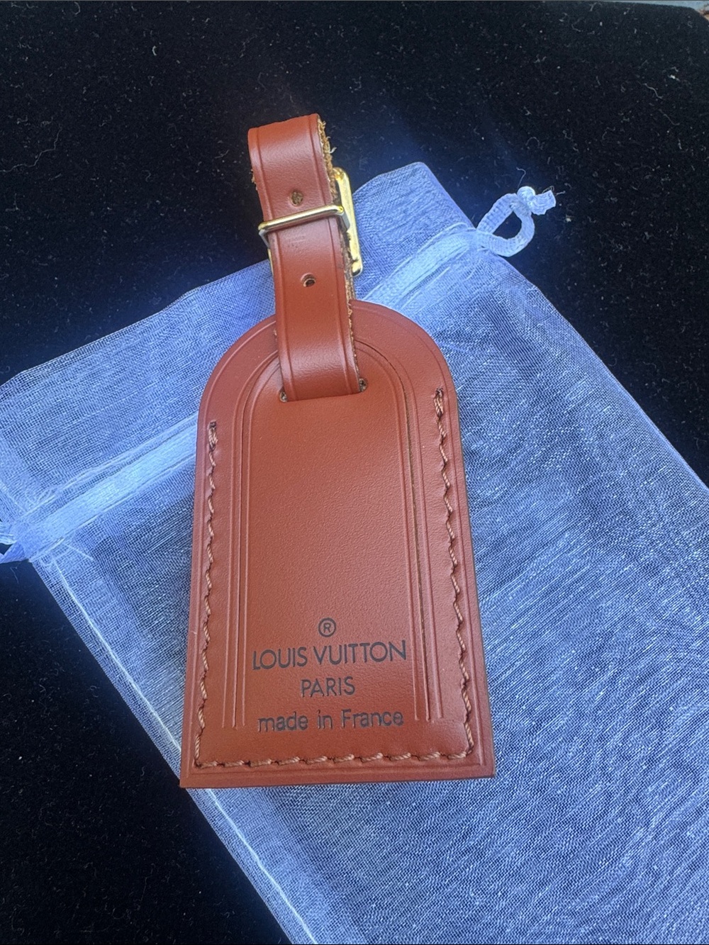 Louis Vuitton Tan Brown Leather Luggage Tag with Gold Buckle